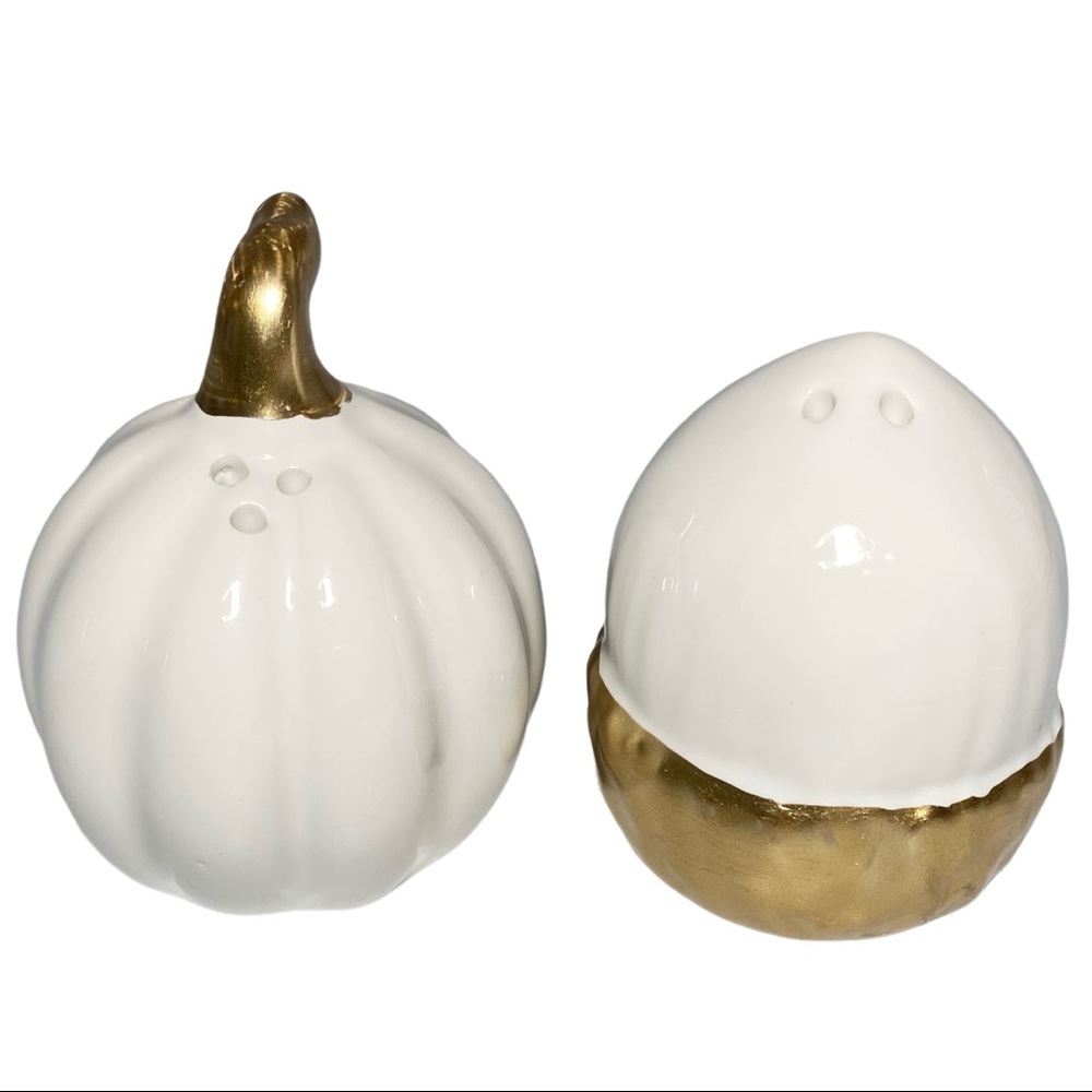 Salt & Pepper Shakers Pumpkin Acorn White Gold Ceramic